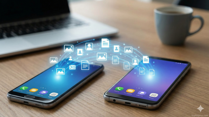 รูปภาพแสดงการถ่ายโอนข้อมูลดิจิทัลระหว่างสมาร์ทโฟน Android สองเครื่องบนโต๊ะทำงาน ซึ่งเป็นภาพประกอบสำหรับบทความ วิธีโอนข้อมูล Android → Android