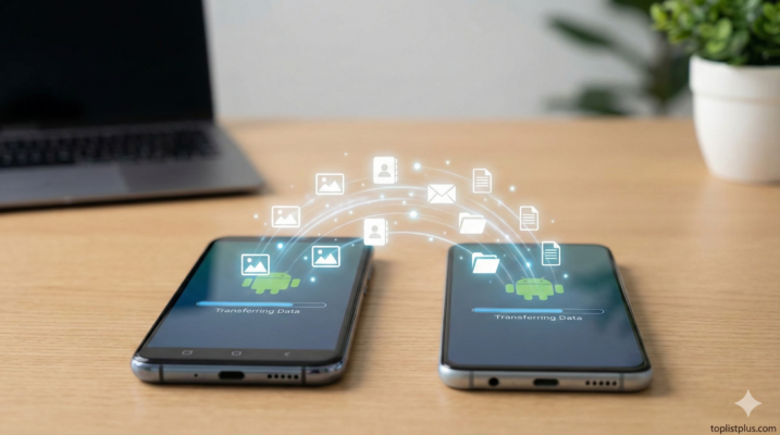 ภาพประกอบแสดงขั้นตอนวิธีโอนข้อมูล Android → Android ระหว่างสมาร์ทโฟนสองเครื่อง มีไอคอนข้อมูลกำลังถ่ายโอนบนหน้าจอ