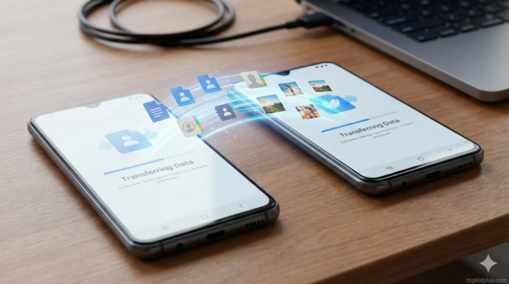 ภาพถ่ายจริงแสดงขั้นตอน วิธีโอนข้อมูล Android → Android ระหว่างสมาร์ทโฟนสองเครื่อง โดยมีภาพกราฟิกข้อมูลดิจิทัลกำลังเชื่อมต่อและถ่ายโอนไฟล์หากันบนโต๊ะไม้