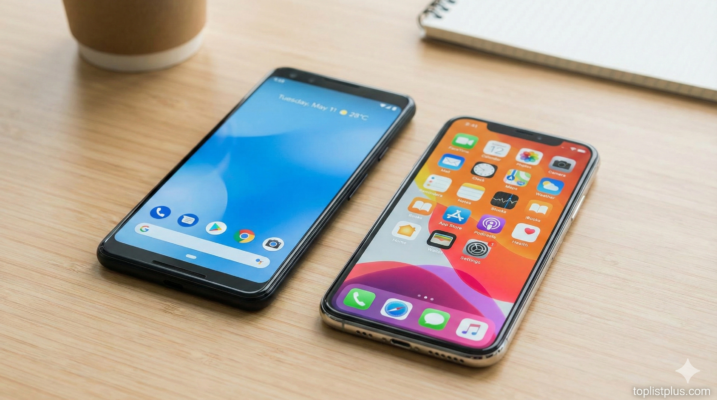 ภาพถ่ายสมาร์ทโฟน Google Pixel ระบบ Android และ Apple iPhone ระบบ iOS วางคู่กันบนโต๊ะไม้ สื่อถึงการเปรียบเทียบ Android vs iOS