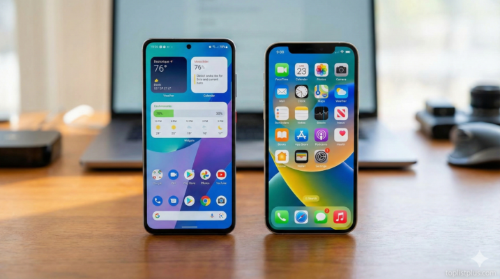 ภาพถ่ายสมาร์ทโฟนสองเครื่องวางเคียงกัน แสดงหน้าจอหลักของระบบปฏิบัติการ Android vs iOS บนโต๊ะทำงาน