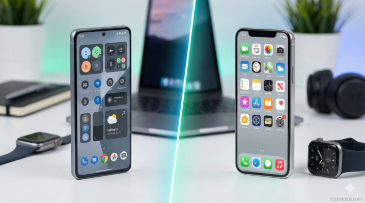 ภาพเปรียบเทียบอินเทอร์เฟซและการออกแบบระหว่างสมาร์ทโฟนระบบ Android vs iOS บนโต๊ะทำงานที่ดูทันสมัย