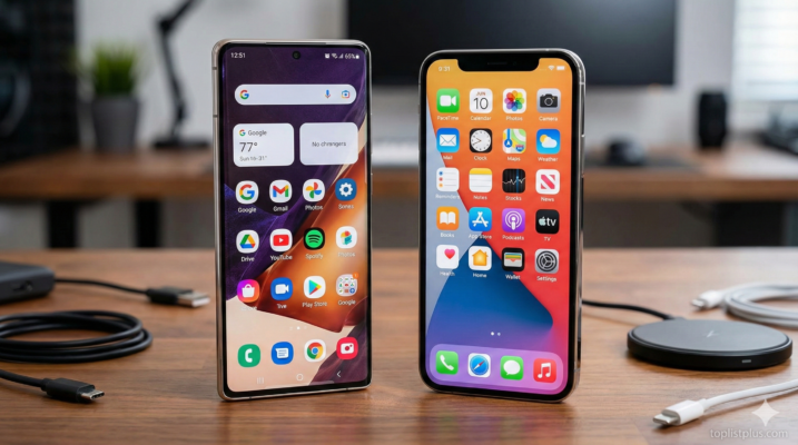ภาพเปรียบเทียบสมาร์ทโฟนระบบปฏิบัติการ Android vs iOS วางคู่กันบนโต๊ะทำงาน