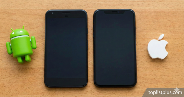 ภาพเปรียบเทียบสมาร์ทโฟนสองเครื่องพร้อมโลโก้ สำหรับบทความ Android vs iPhone