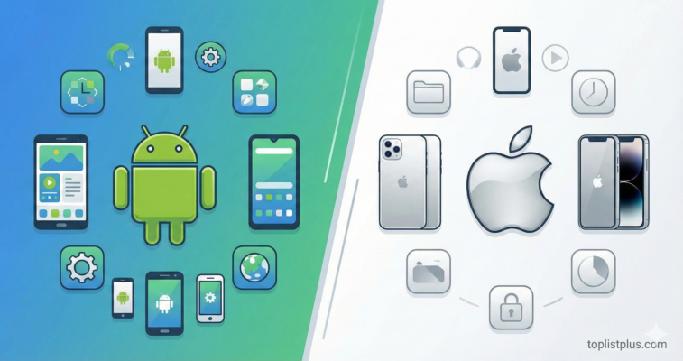 ภาพเปรียบเทียบระบบ Android vs iPhone แสดงไอคอนและดีไซน์ของทั้งสองแพลตฟอร์ม