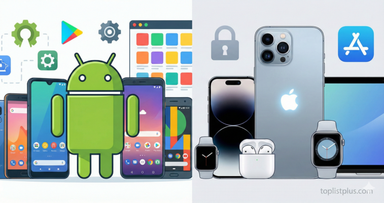 รูปภาพเปรียบเทียบโทรศัพท์มือถือระหว่าง Android vs iPhone ที่แสดงคุณสมบัติและการออกแบบ