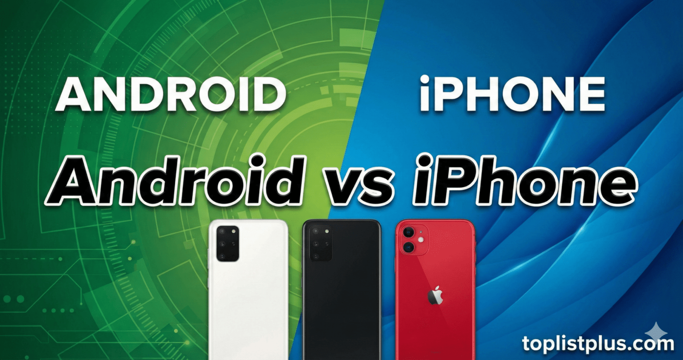 ภาพปกบทความเปรียบเทียบสมาร์ทโฟนระบบ Android vs iPhone แสดงรูปโทรศัพท์มือถือสามเครื่องบนพื้นหลังสีเขียวและสีฟ้า พร้อมข้อความพาดหัวขนาดใหญ่