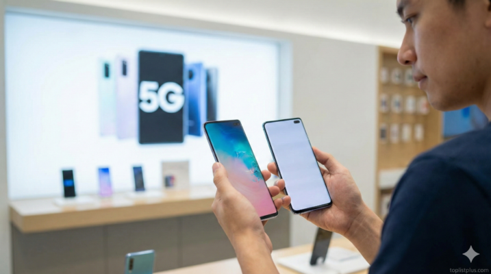 ชายหนุ่มกำลังถือเปรียบเทียบสมาร์ทโฟนสองเครื่องในร้านค้าที่มีป้าย 5G ขนาดใหญ่ด้านหลัง ประกอบบทความเคล็ดลับการเลือกซื้อว่า โทรศัพท์ 5G รุ่นไหนดี