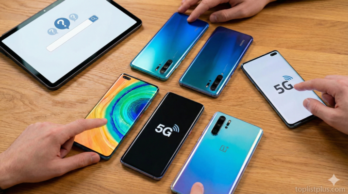 ภาพประกอบบทความคำถามที่พบบ่อยเกี่ยวกับ โทรศัพท์ 5G รุ่นไหนดี แสดงสมาร์ทโฟนหลายรุ่นและแท็บเล็ตค้นหาข้อมูล