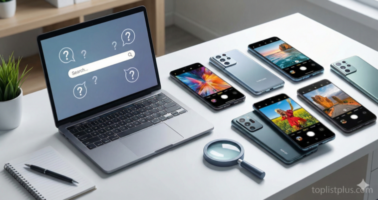ภาพประกอบบทความ "คำถามที่พบบ่อย" ที่แสดงสมาร์ทโฟน Android หลายรุ่นที่มีกล้องประสิทธิภาพสูง พร้อมด้วยแล็ปท็อปที่แสดงหน้าจอค้นหาและแว่นขยาย เพื่อช่วยตอบข้อสงสัยว่า โทรศัพท์ Android ถ่ายรูปสวย รุ่นไหนดี