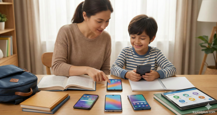 แม่และลูกชายนั่งอยู่ที่โต๊ะเรียนกำลังพิจารณาเลือกซื้อ "โทรศัพท์ Android สำหรับเด็กนักเรียน รุ่นไหนดี" จากหลายๆ รุ่นที่วางอยู่