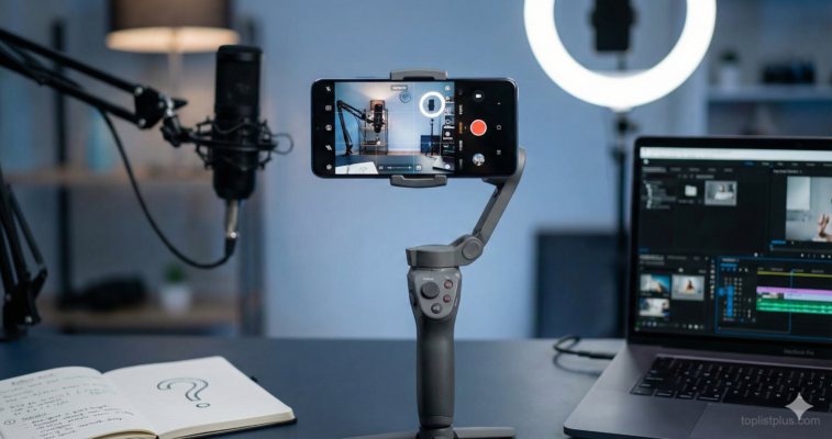 การจัดโต๊ะถ่ายวิดีโอด้วยมือถือพร้อมไม้กันสั่น สำหรับเนื้อหาเกี่ยวกับ โทรศัพท์ Android ถ่ายวิดีโอดี รุ่นไหนดี