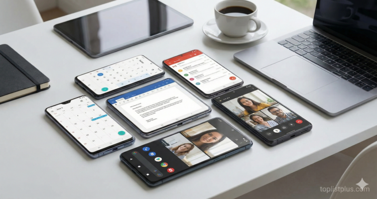 มุมมองบนโต๊ะทำงานที่มีสมาร์ทโฟน Android หลายเครื่องแสดงหน้าจอแอปฯ ปฏิทิน อีเมล เอกสาร และการประชุมทางวิดีโอ ประกอบบทความแนะนำ โทรศัพท์ Android ใช้ทำงาน รุ่นไหนดี