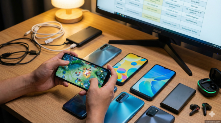 คนกำลังเล่นเกมบนสมาร์ทโฟน โดยมีโทรศัพท์มือถือราคาประหยัดหลายรุ่นวางอยู่รอบๆ เพื่อเปรียบเทียบว่า โทรศัพท์เล่นเกมไม่เกิน 10000 รุ่นไหนดี