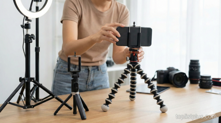 ภาพประกอบบทความเคล็ดลับการเลือกซื้อ แสดงผู้ใช้งานกำลังปรับตั้งค่าสมาร์ทโฟนบนขาตั้งกล้องแบบยืดหยุ่น พร้อมตัวเลือกอื่นๆ เพื่อตอบโจทย์ว่า ขาตั้งมือถือถ่ายคลิป รุ่นไหนดี