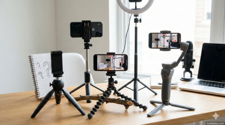 ภาพรวมอุปกรณ์ขาตั้งมือถือและไม้กันสั่นหลากหลายรูปแบบ ตั้งอยู่บนโต๊ะทำงานพร้อมสมุดโน้ตมีเครื่องหมายคำถาม ใช้ประกอบบทความเพื่อตอบคำถามว่า ขาตั้งมือถือถ่ายคลิป รุ่นไหนดี