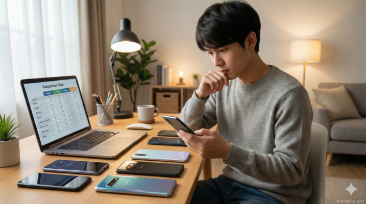 ภาพประกอบชายหนุ่มกำลังนั่งค้นหาข้อมูลหน้าแล็ปท็อปที่มีตารางเปรียบเทียบ เพื่อตัดสินใจว่า มือถือ คุ้มค่า รุ่นไหนดี โดยมีสมาร์ทโฟนหลายรุ่นวางเรียงกันบนโต๊ะทำงาน