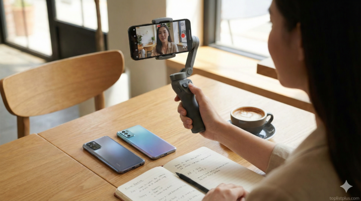 หญิงสาวกำลังเปรียบเทียบสมาร์ทโฟนพร้อมไม้กันสั่นเพื่อดูว่า โทรศัพท์ถ่าย Vlog รุ่นไหนดี สำหรับบทความเคล็ดลับการเลือกซื้อ