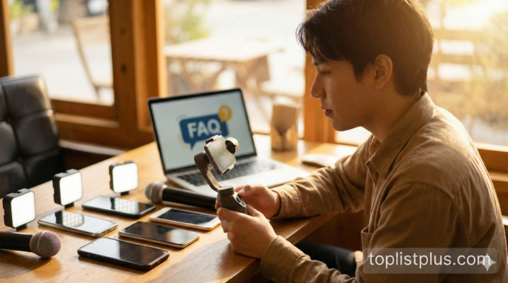 ชายหนุ่มกำลังทดสอบอุปกรณ์ Vlog และสมาร์ทโฟนหลายรุ่นพร้อมอุปกรณ์เสริมบนโต๊ะ ประกอบบทความคำถามที่พบบ่อยเพื่อช่วยตัดสินใจว่า โทรศัพท์ถ่าย Vlog รุ่นไหนดี