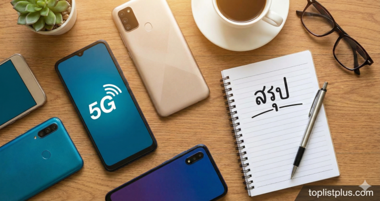 รูปภาพประกอบบทความหัวข้อ 'บทสรุป' แสดงโทรศัพท์มือถือหลายรุ่นบนโต๊ะ พร้อมสมุดโน้ตที่เขียนว่า 'สรุป' เพื่อสรุปว่า โทรศัพท์ Android 5G ราคาถูก รุ่นไหนดี