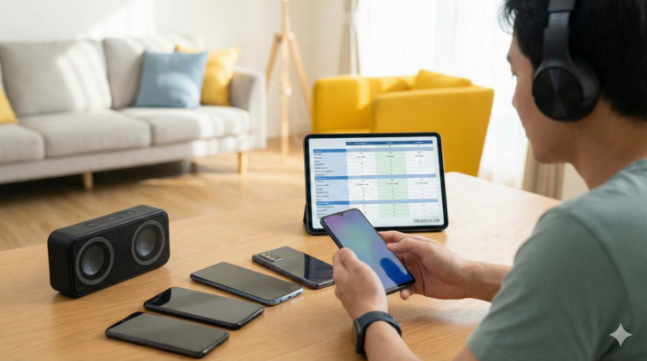 รูปภาพประกอบบทความเคล็ดลับการเลือกซื้อ โทรศัพท์ ลำโพงคู่ เสียงดี รุ่นไหนดี แสดงภาพขณะกำลังเปรียบเทียบสเปคและทดสอบระบบเสียงของสมาร์ทโฟนหลายรุ่น