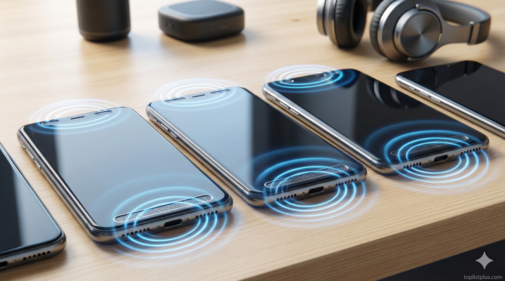 บทสรุปการเปรียบเทียบ โทรศัพท์ ลำโพงคู่ เสียงดี รุ่นไหนดี แสดงภาพสมาร์ทโฟนวางเรียงกันพร้อมกราฟิกคลื่นเสียงจากลำโพงทั้งสองด้าน