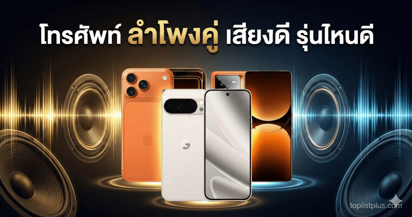 ภาพหน้าปกบทความ "โทรศัพท์ ลำโพงคู่ เสียงดี รุ่นไหนดี" แสดงสมาร์ทโฟน 3 รุ่น (iPhone สีส้ม, Google Pixel สีขาว, Realme สีส้ม) วางอยู่ท่ามกลางลำโพงขนาดใหญ่และกราฟิกคลื่นเสียง มีข้อความพาดหัวขนาดใหญ่ด้านบน และลายน้ำ toplistplus.com ที่มุมขวาล่าง