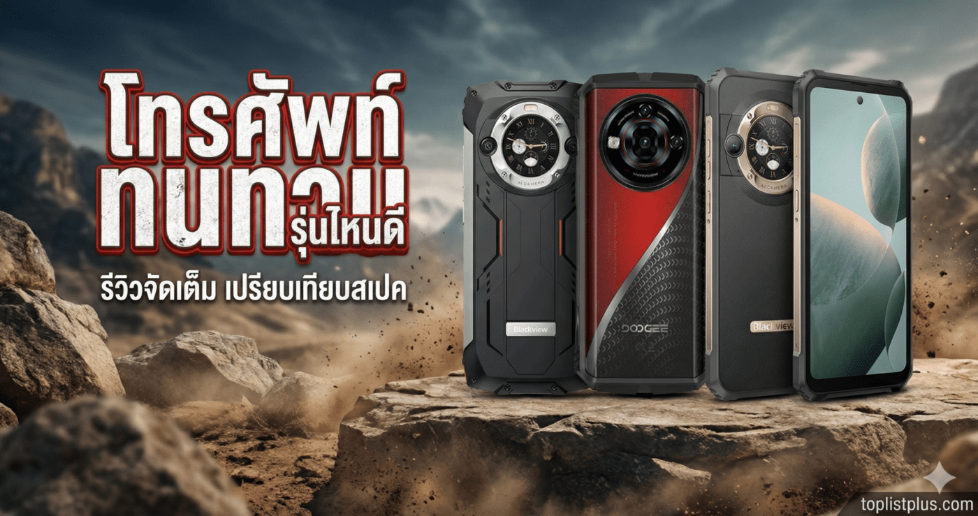 รูปภาพหน้าปกบทความแนะนำ โทรศัพท์ ทนทาน รุ่นไหนดี แสดงสมาร์ทโฟนพันธุ์แกร่ง 3 รุ่นบนโขดหินพร้อมข้อความพาดหัว
