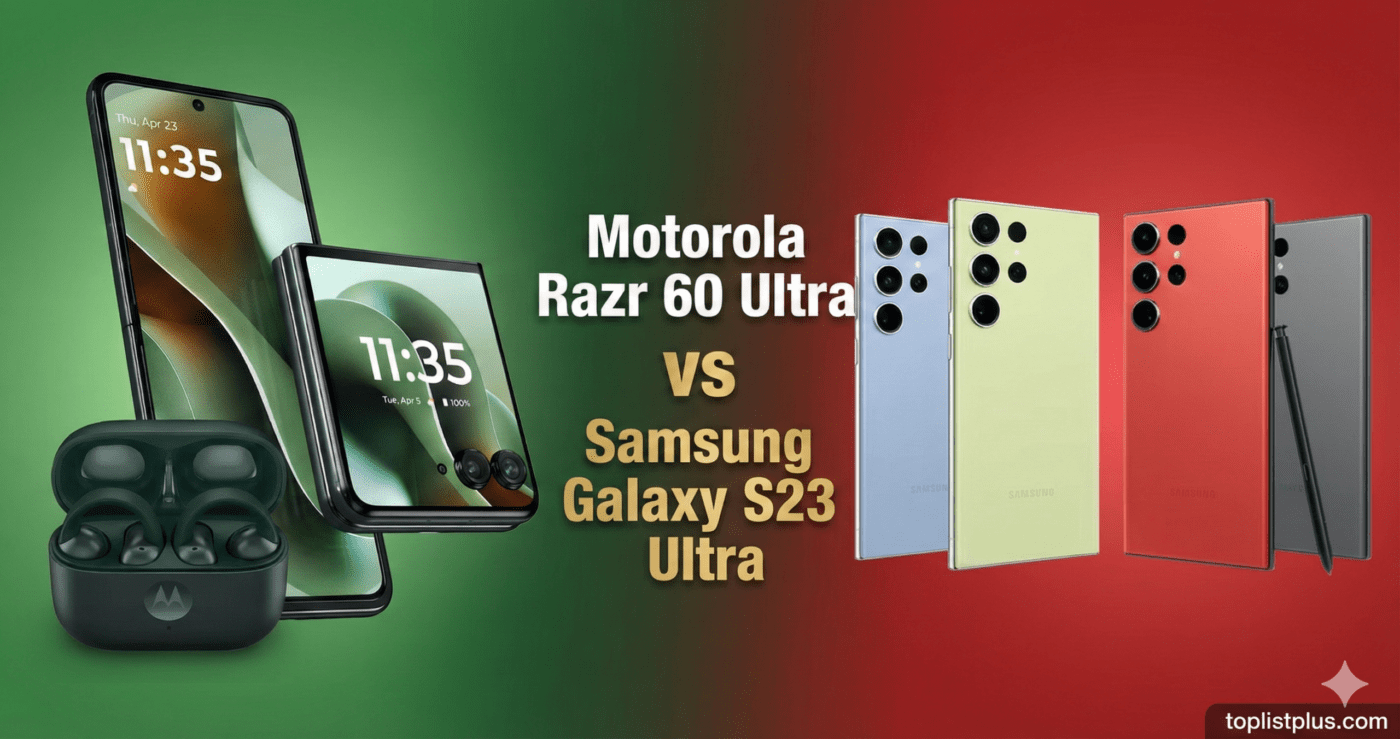 Motorola Razr 60 Ultra vs Samsung Galaxy S23 Ultra ภาพเปรียบเทียบสมาร์ทโฟน Motorola Razr 60 Ultra vs Samsung Galaxy S23 Ultra โดยฝั่งซ้ายเป็นโทรศัพท์พับได้ Motorola Razr 60 Ultra สีเขียว พร้อมหูฟังไร้สาย และฝั่งขวาเป็นโทรศัพท์จอแบน Samsung Galaxy S23 Ultra หลากสี (สีฟ้าอ่อน สีเขียวอ่อน สีแดง และสีเทาเข้ม) วางเรียงกันบนพื้นหลังสีเขียว-แดง