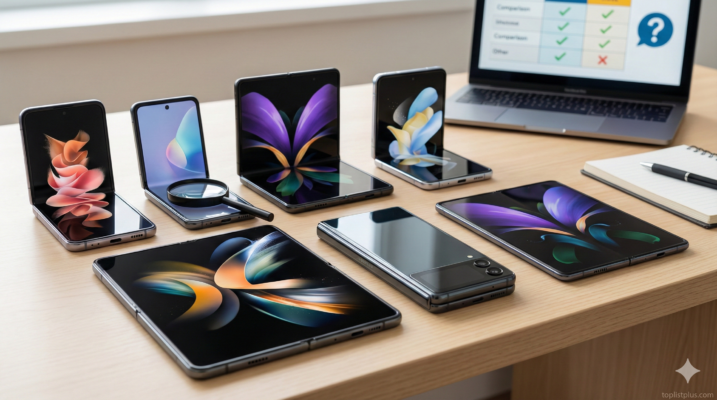 รวมรุ่นโทรศัพท์พับได้หลากหลายแบรนด์บนโต๊ะ พร้อมแว่นขยายและตารางเปรียบเทียบ ช่วยตอบคำถามว่า โทรศัพท์ พับได้ รุ่นไหนดี