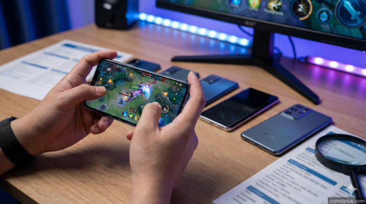 คนกำลังเล่นเกมบนสมาร์ทโฟน พร้อมโทรศัพท์รุ่นอื่นๆ วางอยู่บนโต๊ะ ซึ่งเป็นภาพประกอบบทความเกี่ยวกับ โทรศัพท์ ชิปเกมมิ่ง รุ่นไหนดี