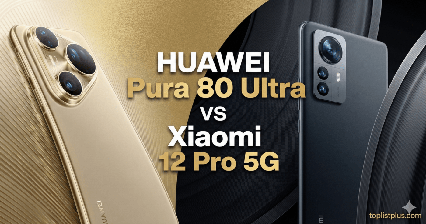 ภาพเปรียบเทียบสมาร์ทโฟนเรือธง HUAWEI Pura 80 Ultra vs Xiaomi 12 Pro 5G แสดงดีไซน์กล้องหลังและตัวเครื่องสีทองและสีเทาเข้ม สำหรับหน้าปกบทความ