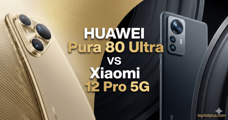 ภาพเปรียบเทียบสมาร์ทโฟนเรือธง HUAWEI Pura 80 Ultra vs Xiaomi 12 Pro 5G แสดงดีไซน์กล้องหลังและตัวเครื่องสีทองและสีเทาเข้ม สำหรับหน้าปกบทความ