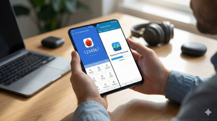 A person holding an Android smartphone running AnTuTu and Geekbench benchmark apps, illustrating the process for วิธีเช็กความแรงมือถือ Android (AnTuTu Geekbench).