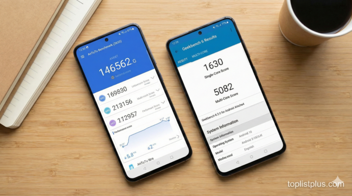 ภาพถ่ายสมาร์ทโฟน Android สองเครื่องแสดงหน้าจอผลคะแนนทดสอบจากแอป AnTuTu และ Geekbench เพื่อประกอบบทความ วิธีเช็กความแรงมือถือ Android (AnTuTu Geekbench)
