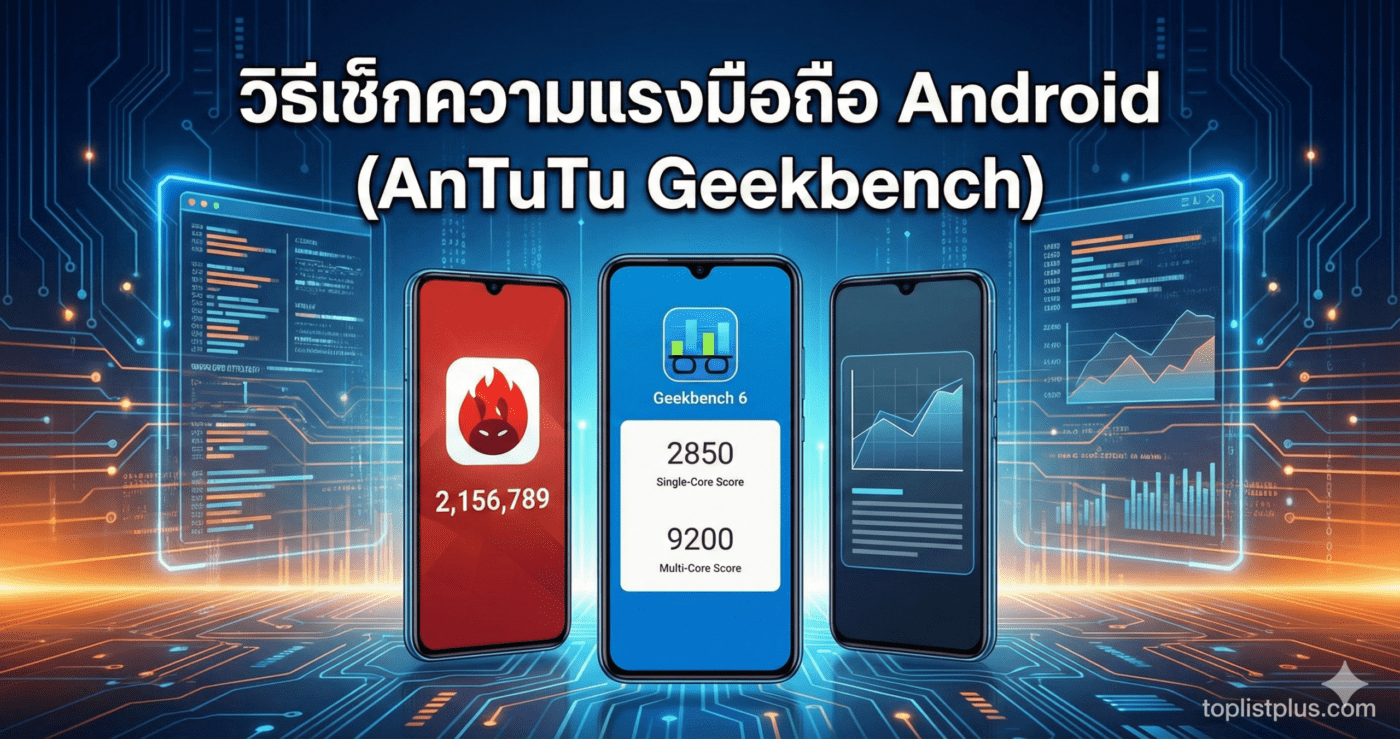 ภาพหน้าปกบทความแสดงแอปพลิเคชัน AnTuTu และ Geekbench บนสมาร์ทโฟน พร้อมข้อความ วิธีเช็กความแรงมือถือ Android (AnTuTu Geekbench)
