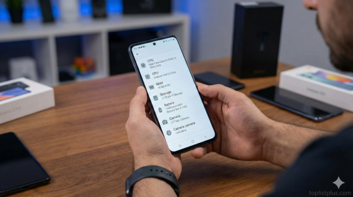ภาพถ่ายคนกำลังตรวจสอบหน้าจอข้อมูลสเปกบนสมาร์ทโฟน Android ซึ่งเป็นส่วนหนึ่งของขั้นตอนใน วิธีดูสเปกโทรศัพท์ Android ก่อนซื้อ