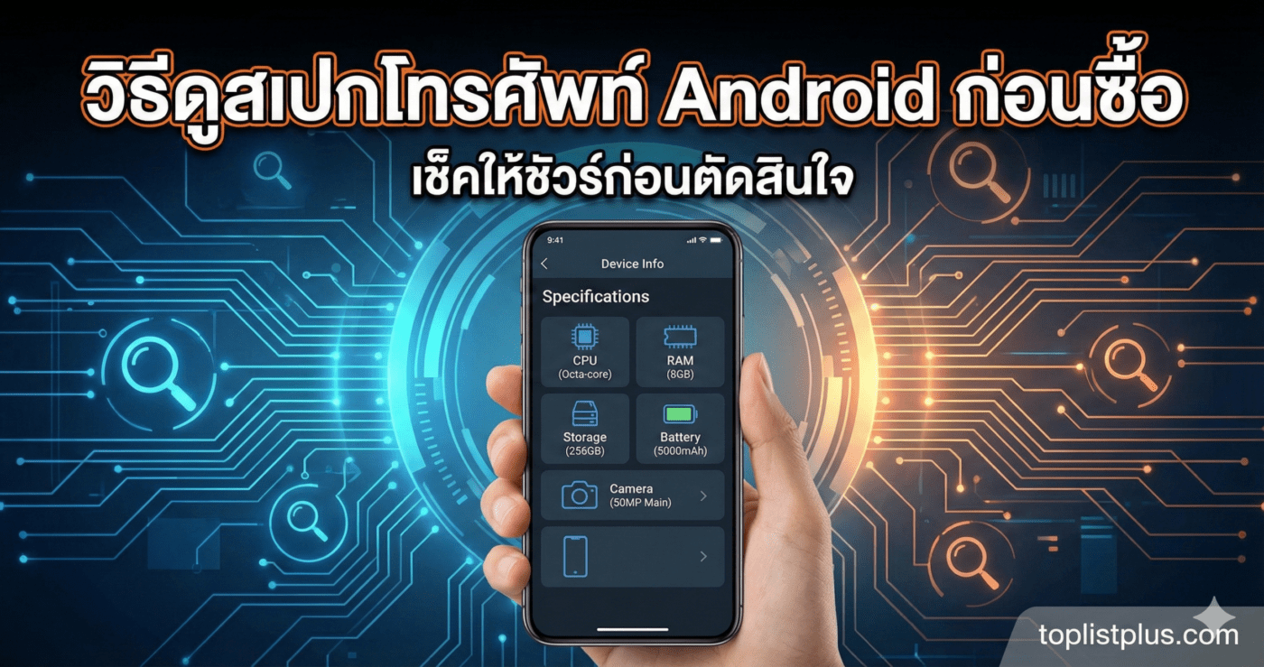 ภาพหน้าปกบทความ วิธีดูสเปกโทรศัพท์ Android ก่อนซื้อ แสดงสมาร์ทโฟนพร้อมกราฟิกข้อมูลสเปกเครื่อง