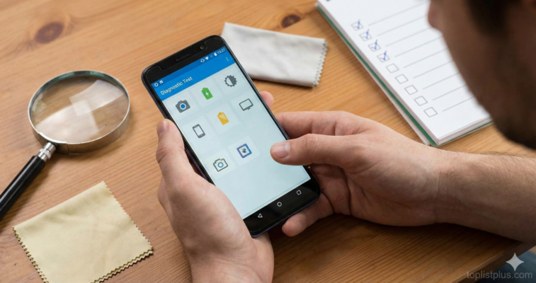 ภาพประกอบแสดงขั้นตอนวิธีเช็คโทรศัพท์ Android ก่อนซื้อ โดยการตรวจสอบสภาพเครื่องและระบบด้วยแว่นขยายและแอปพลิเคชัน