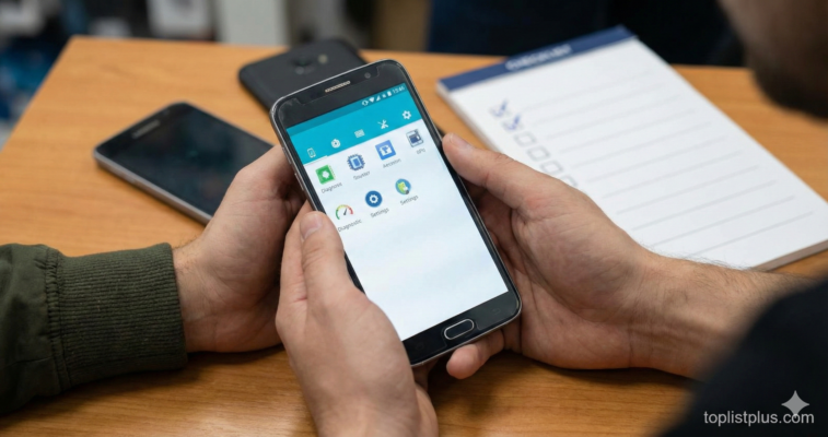 ภาพมือคนกำลังถือสมาร์ทโฟนเพื่อตรวจสอบสภาพ พร้อมสมุดจดบันทึก เป็นภาพประกอบสำหรับบทความ วิธีเช็คโทรศัพท์ Android ก่อนซื้อ