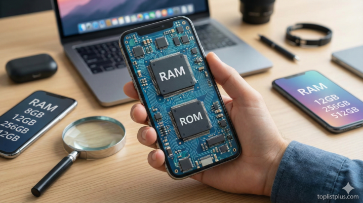 ภาพประกอบบทความวิธีเลือก RAM และ ROM โทรศัพท์มือถือ แสดงชิปภายในและตัวเลือกความจุต่างๆ บนโต๊ะทำงาน