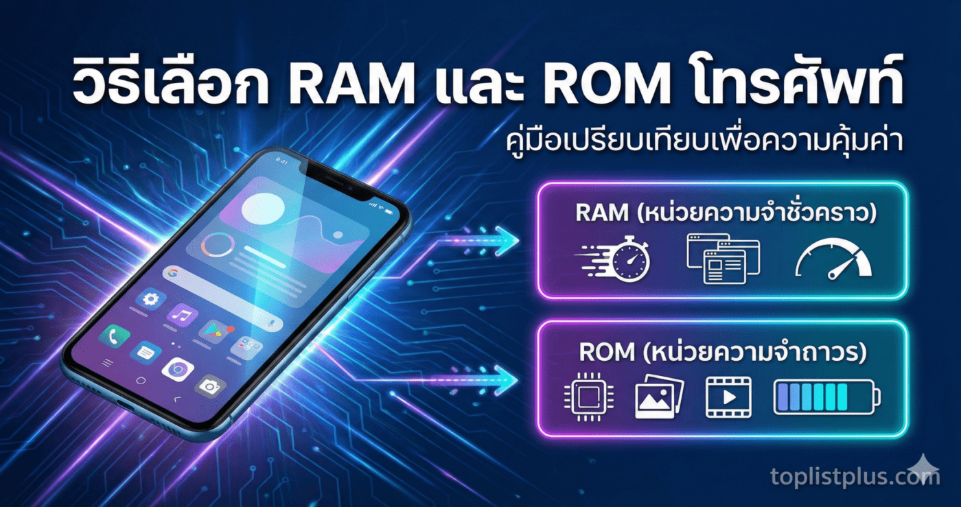 ภาพหน้าปกบทความแนะนำ วิธีเลือก RAM และ ROM สำหรับโทรศัพท์มือถือ แสดงภาพสมาร์ทโฟนพร้อมแผนภาพเปรียบเทียบความแตกต่างและการใช้งานของ RAM และ ROM