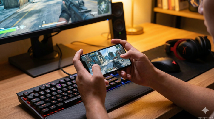 ภาพระยะใกล้ของมือที่กำลังจับสมาร์ทโฟนเล่นเกมแนว FPS อย่างตั้งใจ ท่ามกลางบรรยากาศโต๊ะคอมพิวเตอร์เกมมิ่ง เป็นภาพประกอบสำหรับบทความวิธีเลือกมือถือเล่นเกม