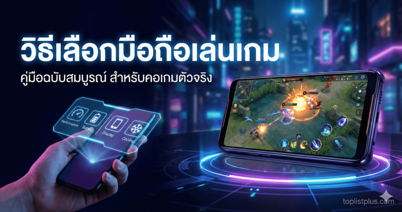 ภาพหน้าปกบทความ "วิธีเลือกมือถือเล่นเกม" แสดงสมาร์ทโฟนกำลังเล่นเกมและอินเตอร์เฟสโฮโลแกรมบอกสเปคเครื่อง