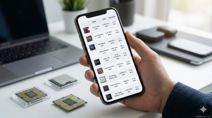 คนกำลังดูตารางเปรียบเทียบสเปคบนหน้าจอสมาร์ทโฟน และมีชิปประมวลผลวางอยู่บนโต๊ะทำงาน เป็นภาพประกอบที่สื่อถึงวิธีเลือกชิปมือถือ