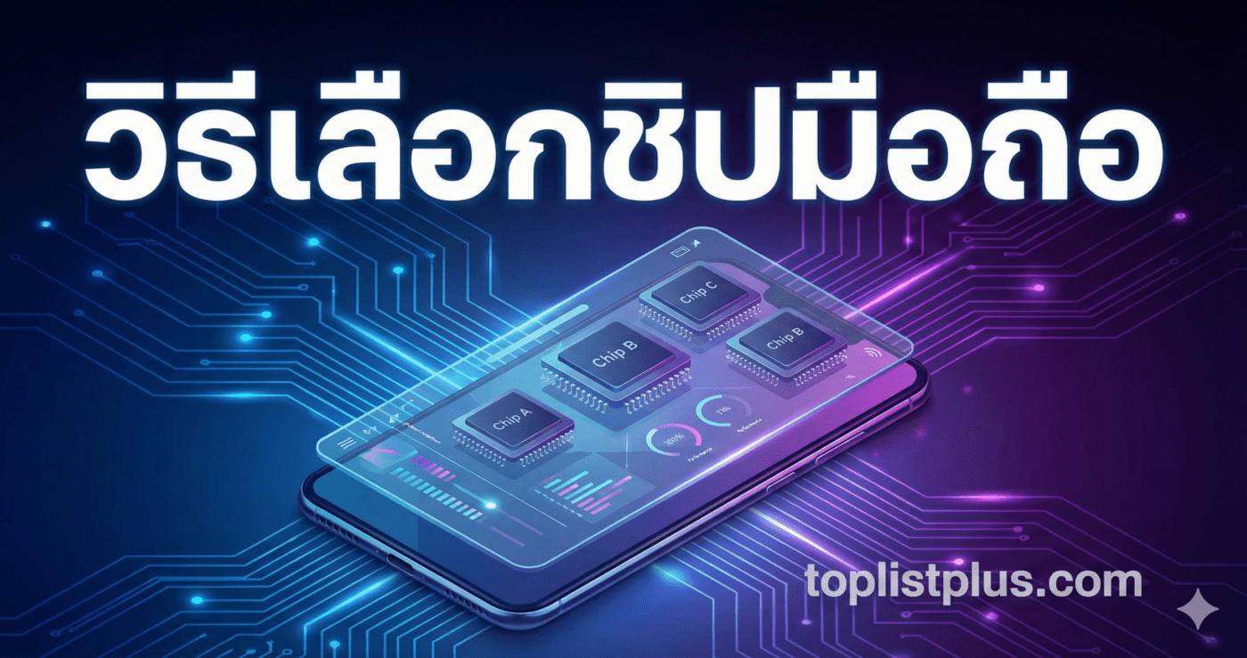 ภาพหน้าปกบทความหัวข้อ "วิธีเลือกชิปมือถือ" แสดงกราฟิกสมาร์ทโฟนกำลังเปรียบเทียบชิปประมวลผลต่างๆ บนพื้นหลังวงจรอิเล็กทรอนิกส์สีน้ำเงินม่วง พร้อมลายน้ำ toplistplus.com