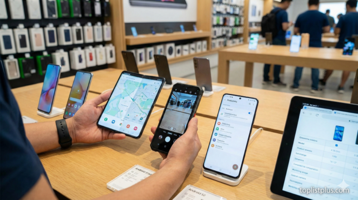 ภาพคนถือเปรียบเทียบสมาร์ทโฟน Android สองรุ่นในร้านค้า เพื่อแสดงให้เห็นวิธีเลือกโทรศัพท์ Android ให้เหมาะกับการใช้งานที่หลากหลาย