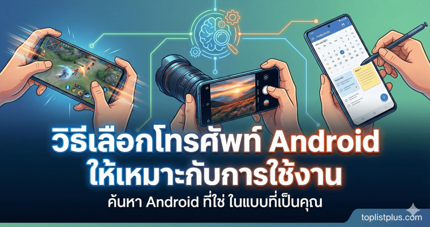 รูปหน้าปกบทความ SEO แสดงภาพประกอบการใช้งานสมาร์ทโฟน 3 รูปแบบ ได้แก่ การเล่นเกม การถ่ายภาพ และการทำงาน พร้อมข้อความหัวข้อหลัก "วิธีเลือกโทรศัพท์ Android ให้เหมาะกับการใช้งาน" และโลโก้ toplistplus.com ที่มุมขวาล่าง