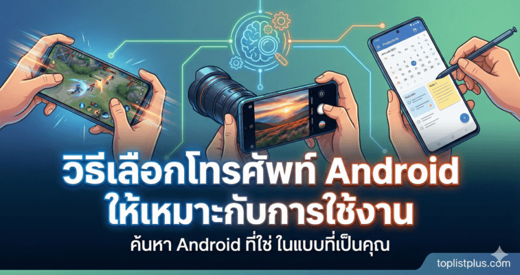 รูปหน้าปกบทความ SEO แสดงภาพประกอบการใช้งานสมาร์ทโฟน 3 รูปแบบ ได้แก่ การเล่นเกม การถ่ายภาพ และการทำงาน พร้อมข้อความหัวข้อหลัก "วิธีเลือกโทรศัพท์ Android ให้เหมาะกับการใช้งาน" และโลโก้ toplistplus.com ที่มุมขวาล่าง