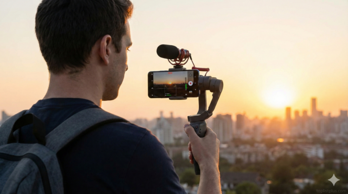 ภาพประกอบชายหนุ่มใช้มือถือ Android พร้อมอุปกรณ์เสริมกิมบอลและไมโครโฟนถ่ายวิดีโอวิวเมือง ประกอบบทความแนะนำวิธีเลือกมือถือ Android ถ่ายวิดีโอ